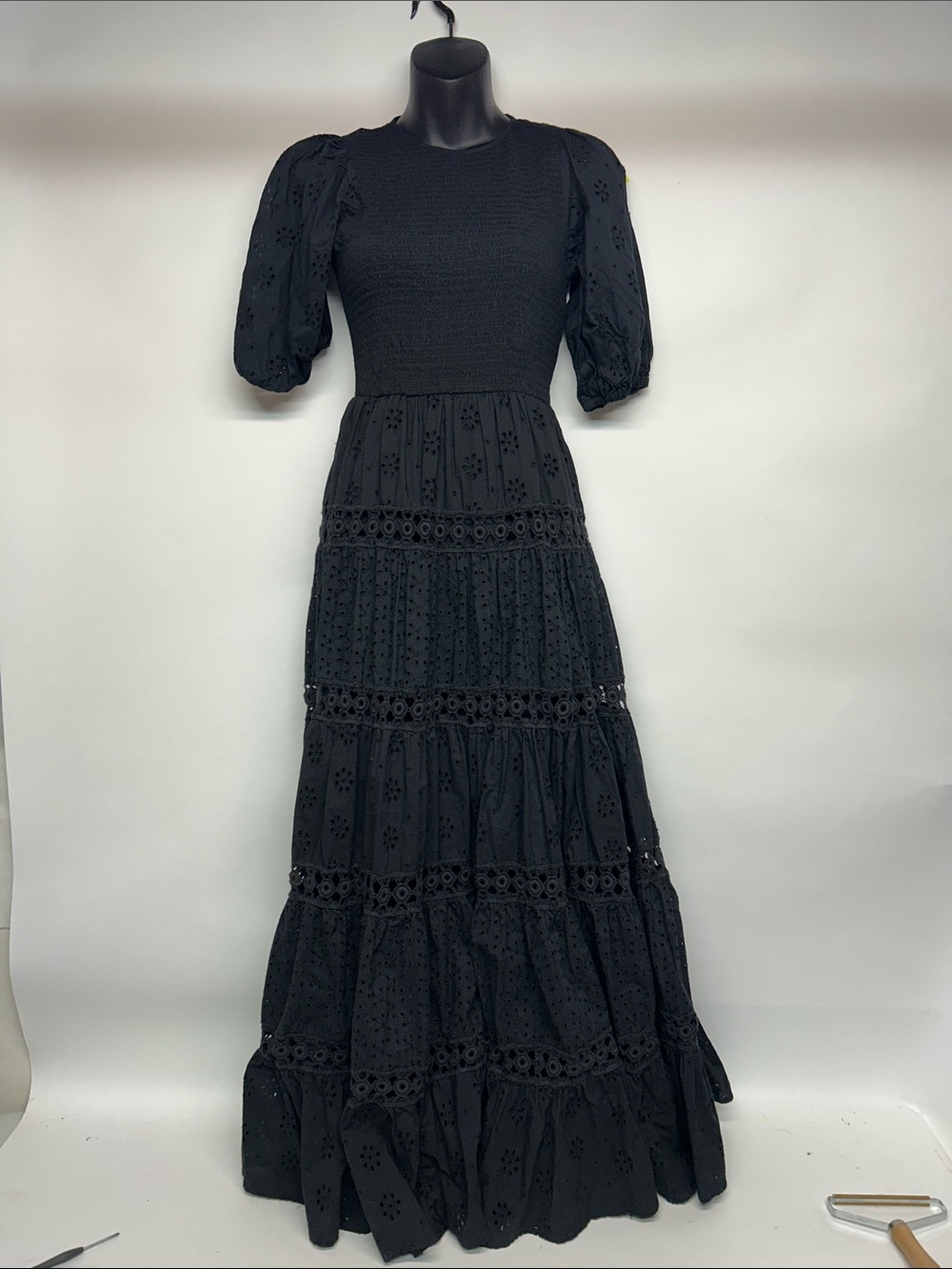 Women's Black Eyelet Maxi Dress with Puff Sleeves asos size 4 100%cotton boho